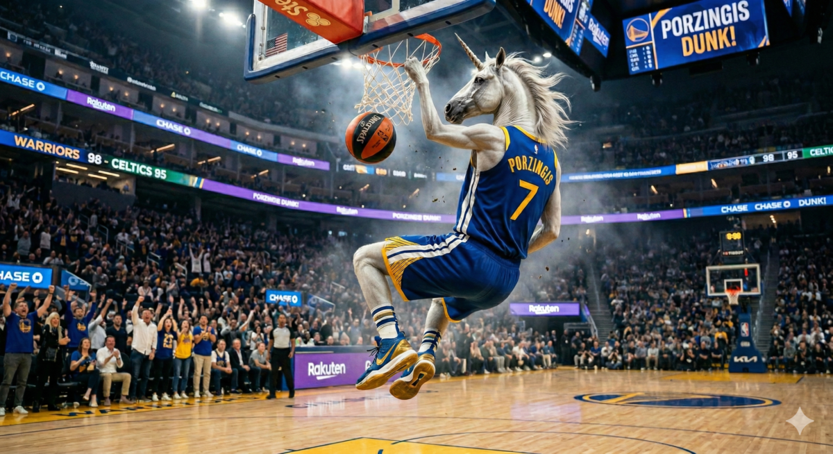 Porzingis as a Unicorn dunking