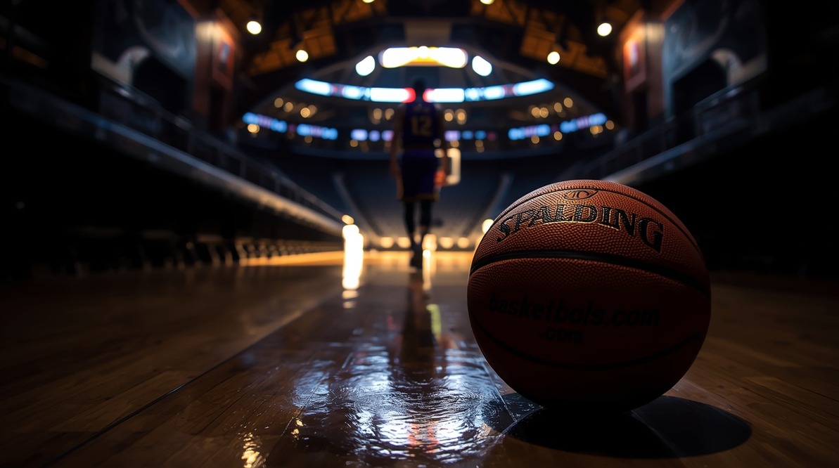 NBA 2026 izslēgšanas spēļu atmosfēra, Lakers spēlētāja siluets tunelī.