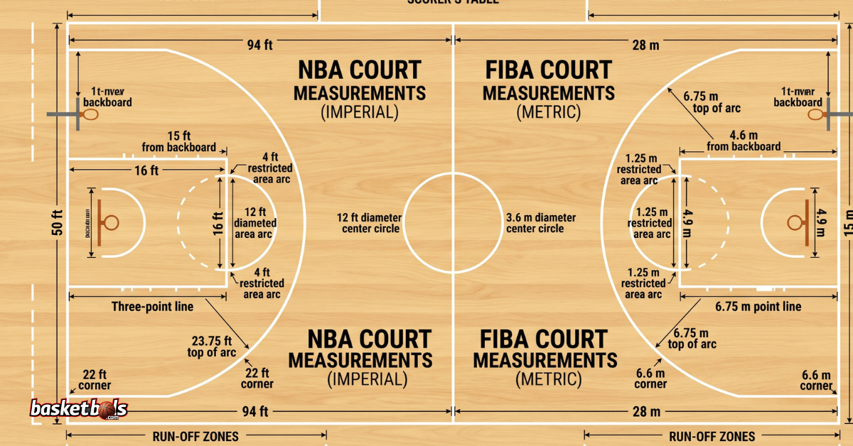 Diagram comparing NBA and FIBA basketball court dimensions.