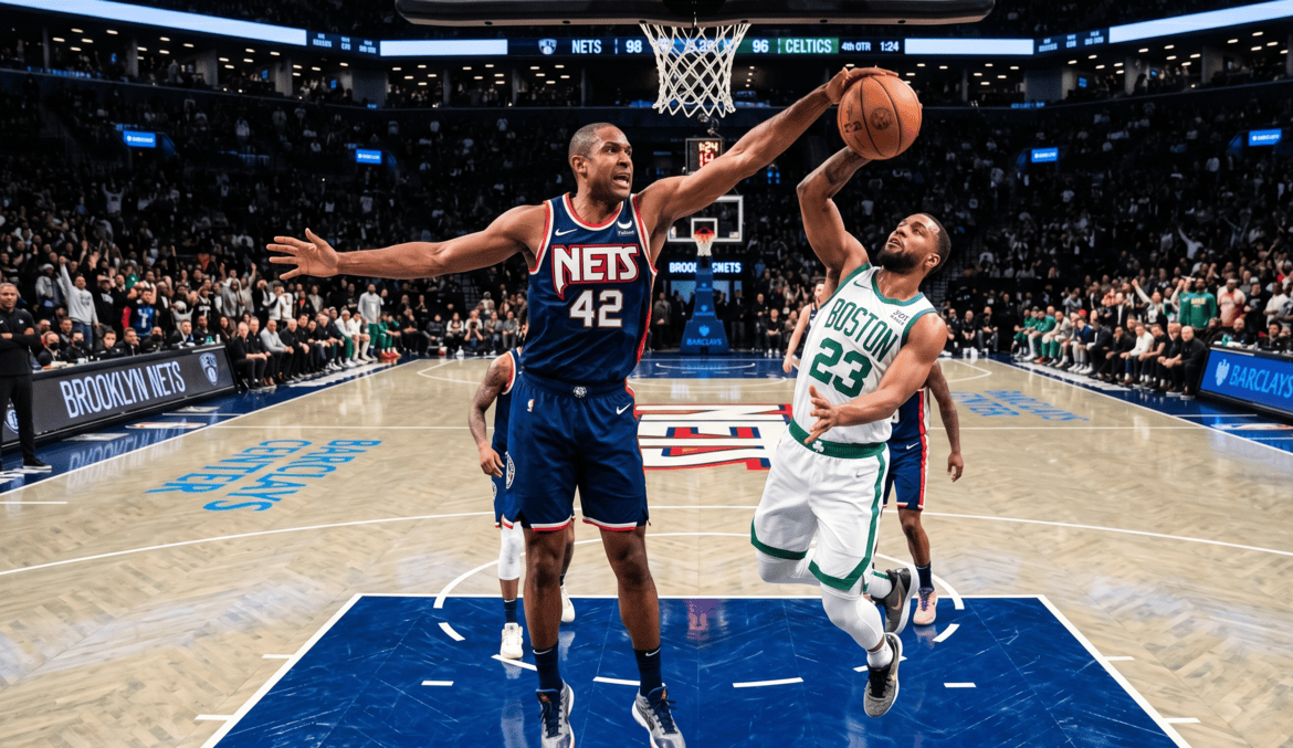Professional basketball player legally blocking a shot near the rim.