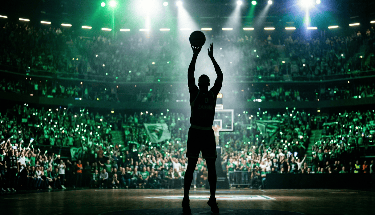 Basketbolista siluets metiena pozīcijā uz zaļas, dūmakainas arēnas fona Kauņā.