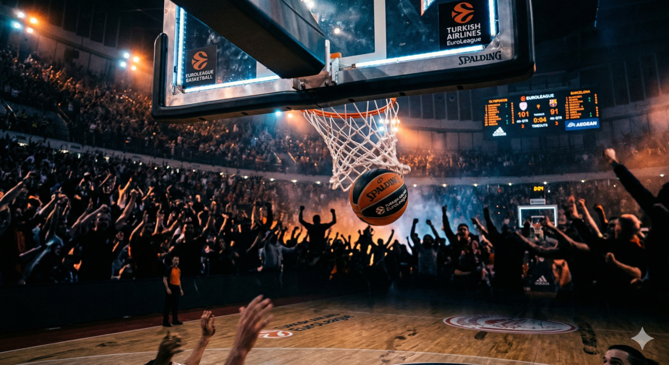 Basketbola grozs un tablo intensīvā arēnas apgaismojumā, simbolizējot saspringto Eirolīgas Play-in cīņu.