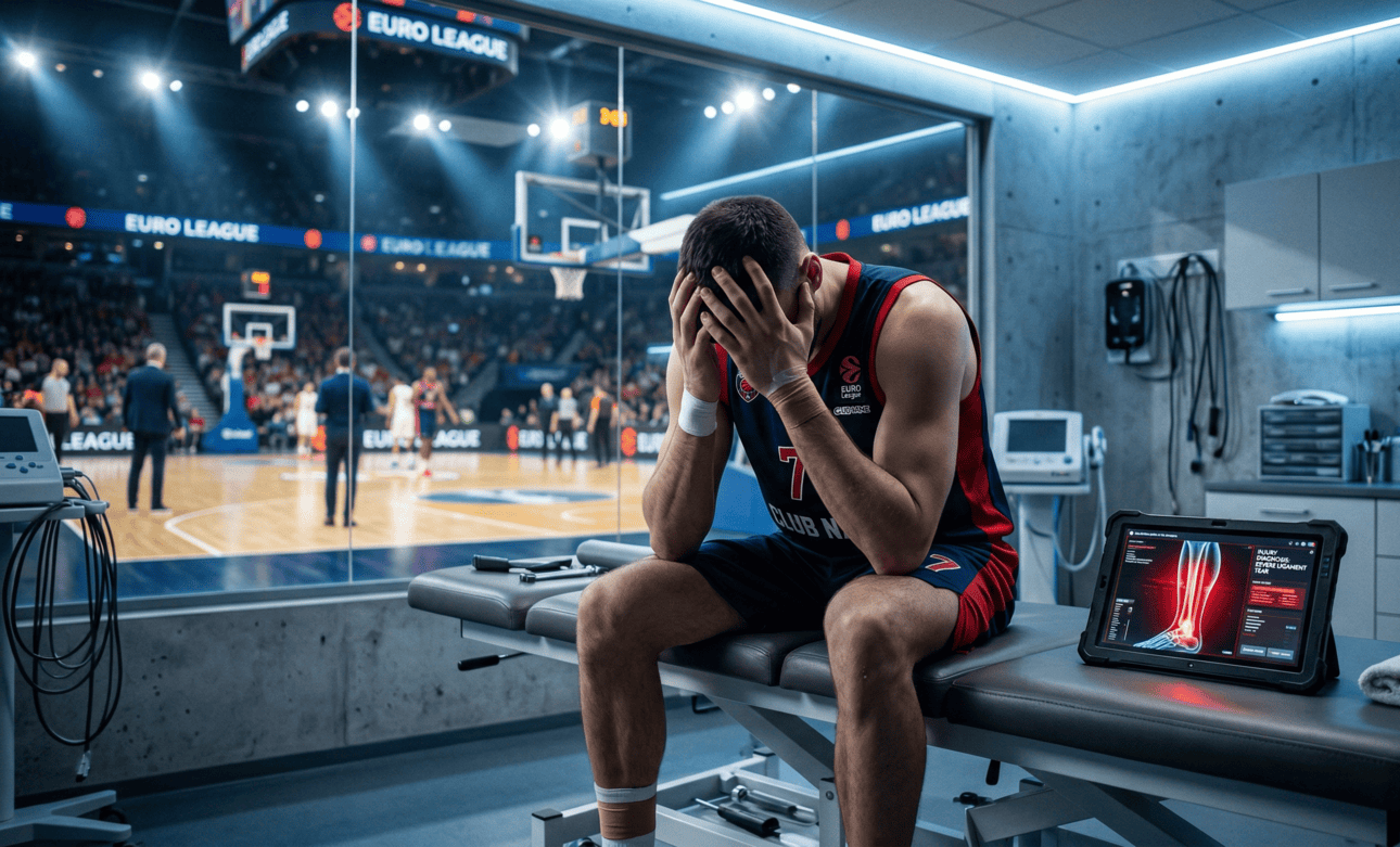 Basketbolists medicīnas kabinetā, simbolizējot Eirolīgas traumu krīzi.