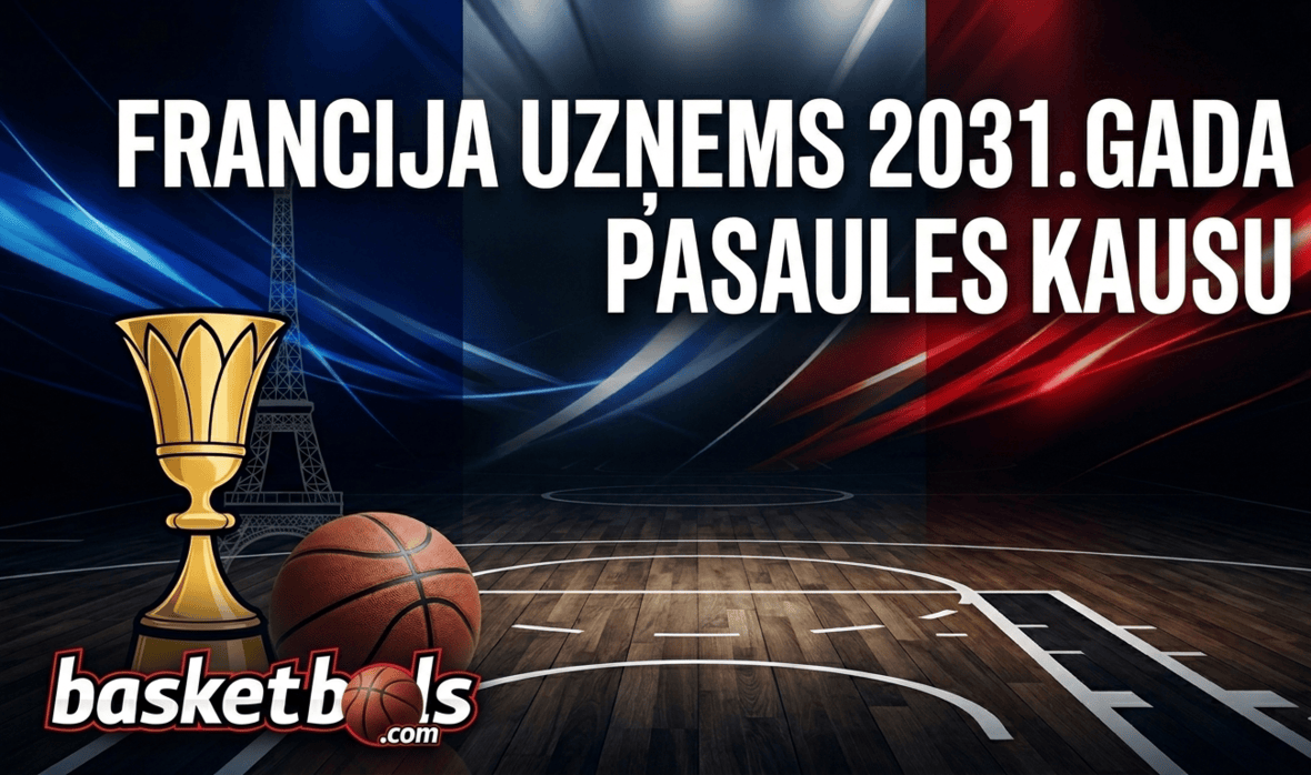 FIBA Pasaules kausa 2031 logotips un Francijas karogs Parīzes arēnā.
