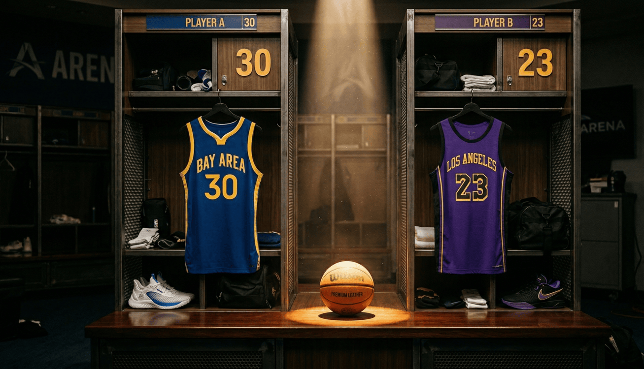 Stephen Curry un LeBron James krekli tukšā ģērbtuvē, simbolizējot izlaisto sezonas dueli.