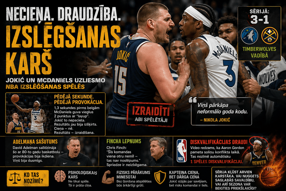 Nikola Jokić un Jaden McDaniels agresīvā konfrontācijā NBA izslēgšanas spēles beigās, fonā komandas biedri un dramatiskas spēles grafikas ar rezultātu 3–1 Timberwolves labā.