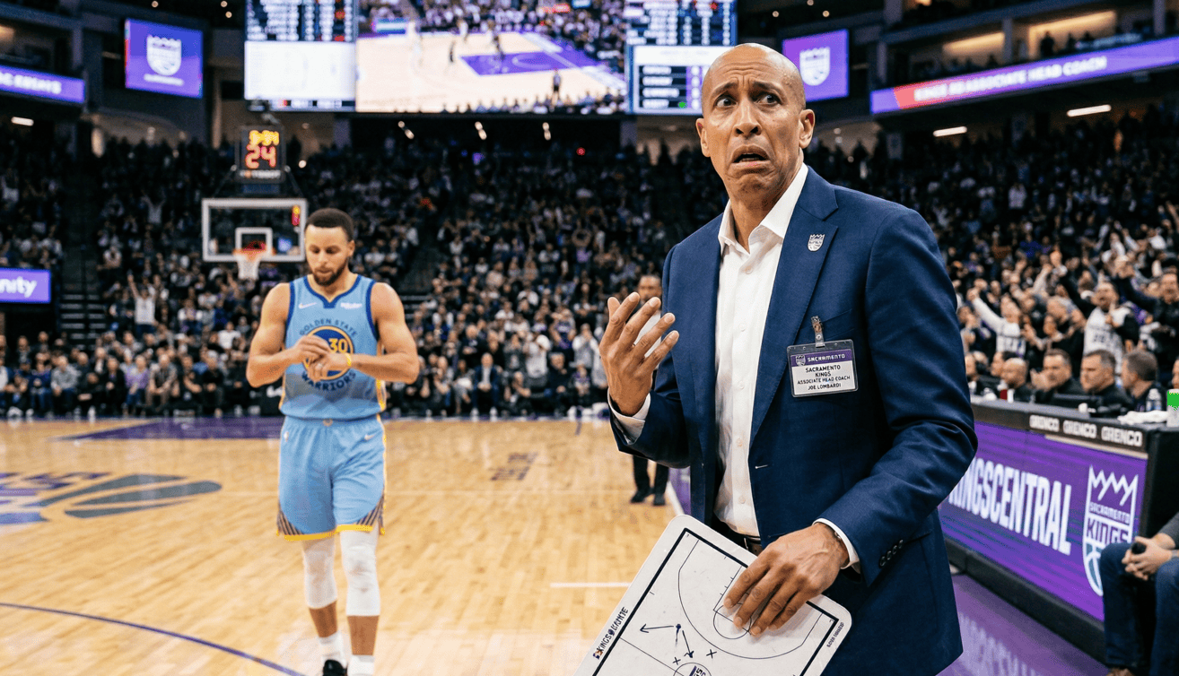 Doug Christie izskatās apjucis pie sānu līnijas spēlē pret Golden State Warriors.