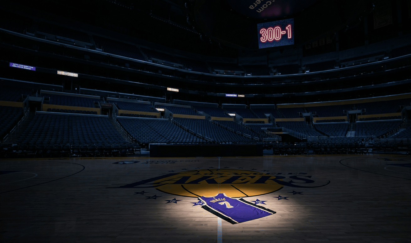 Tukša Lakers arēna ar Luka Doncic kreklu uz grīdas un koeficientu 300-1.