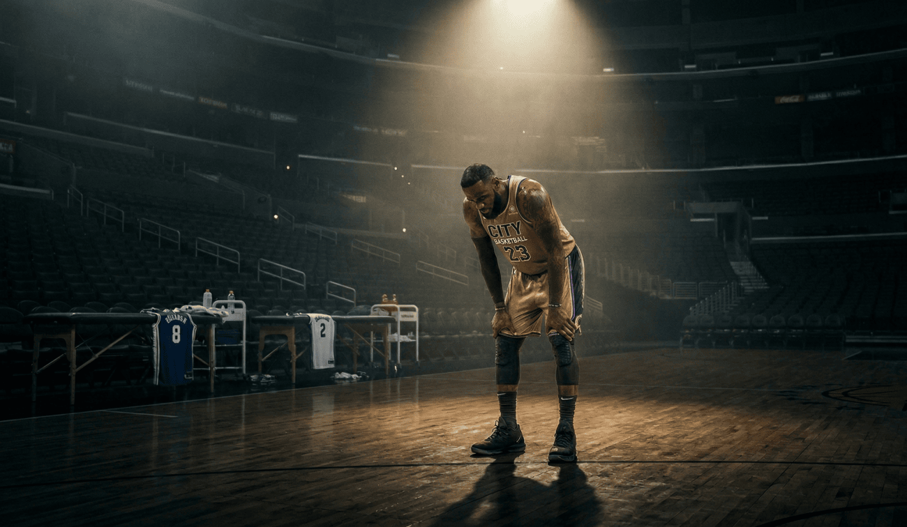 LeBron James vientuļš uz laukuma tumšā arēnā, simbolizējot Lakers sastāva problēmas.