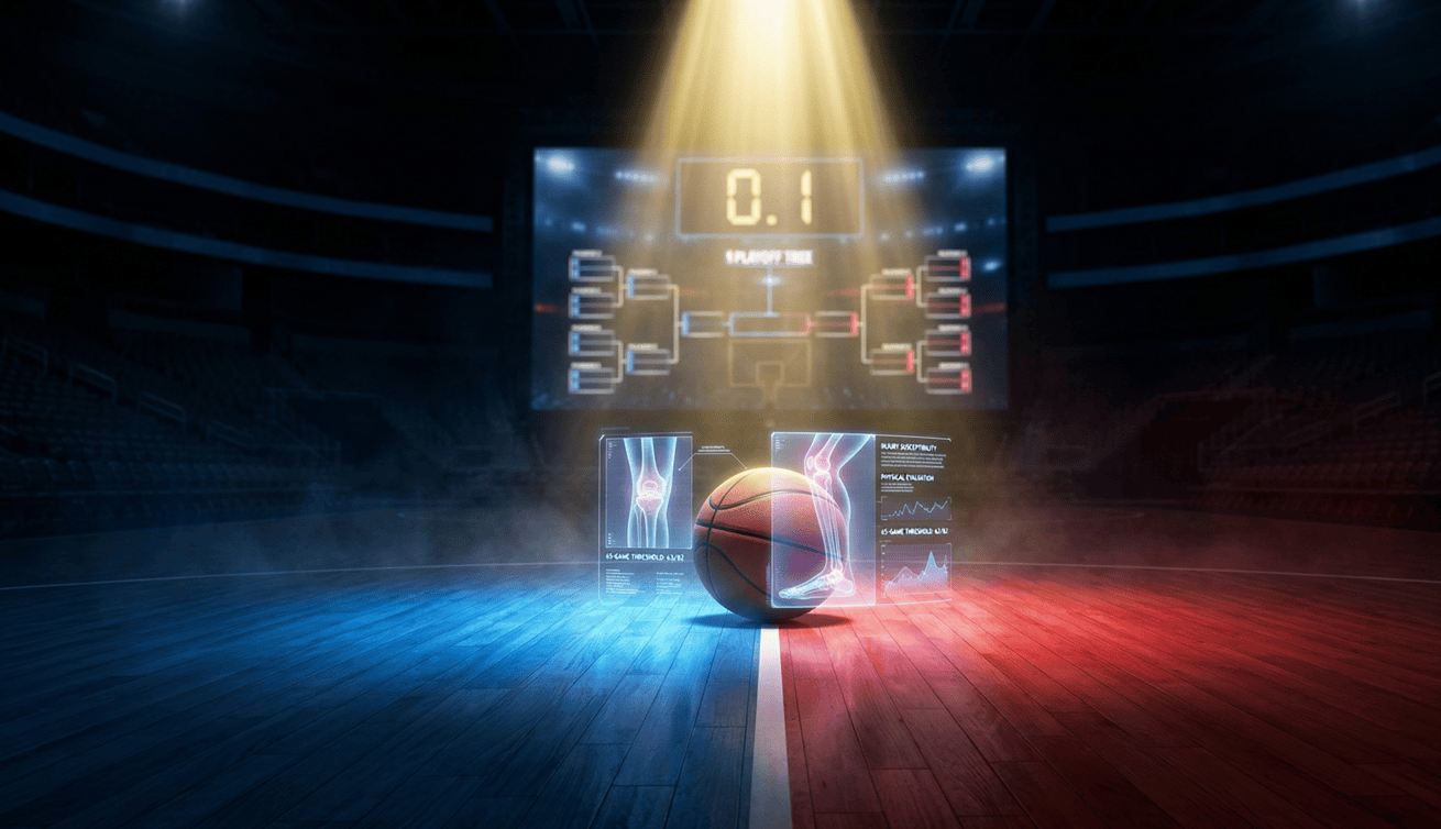 NBA basketbola laukums ar dramatisku apgaismojumu, digitālu elementu un tablo pēdējā sekundē, simbolizējot sezonas kulmināciju.