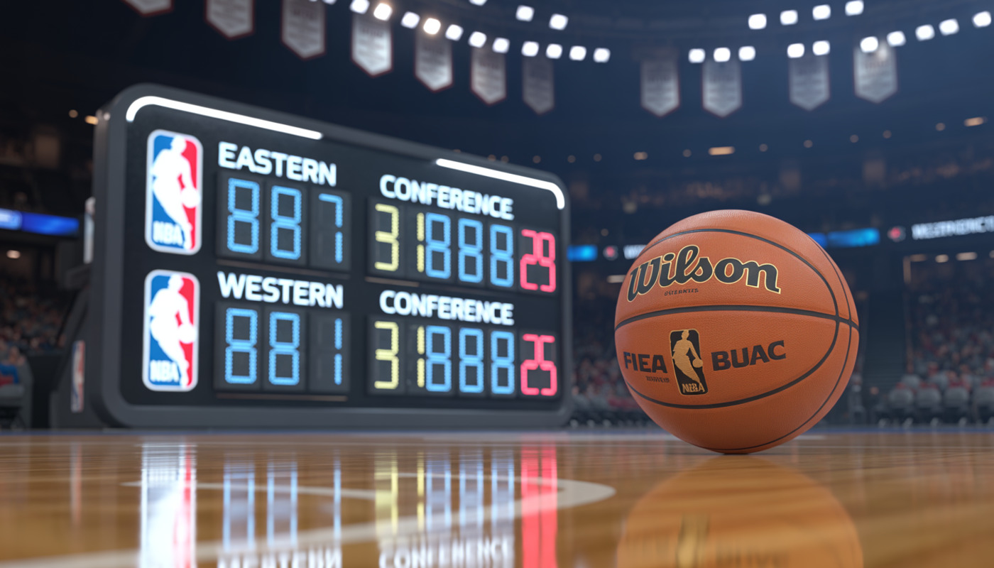 NBA izslēgšanas spēļu tabula 2026 digitālajā tablo virs basketbola laukuma.