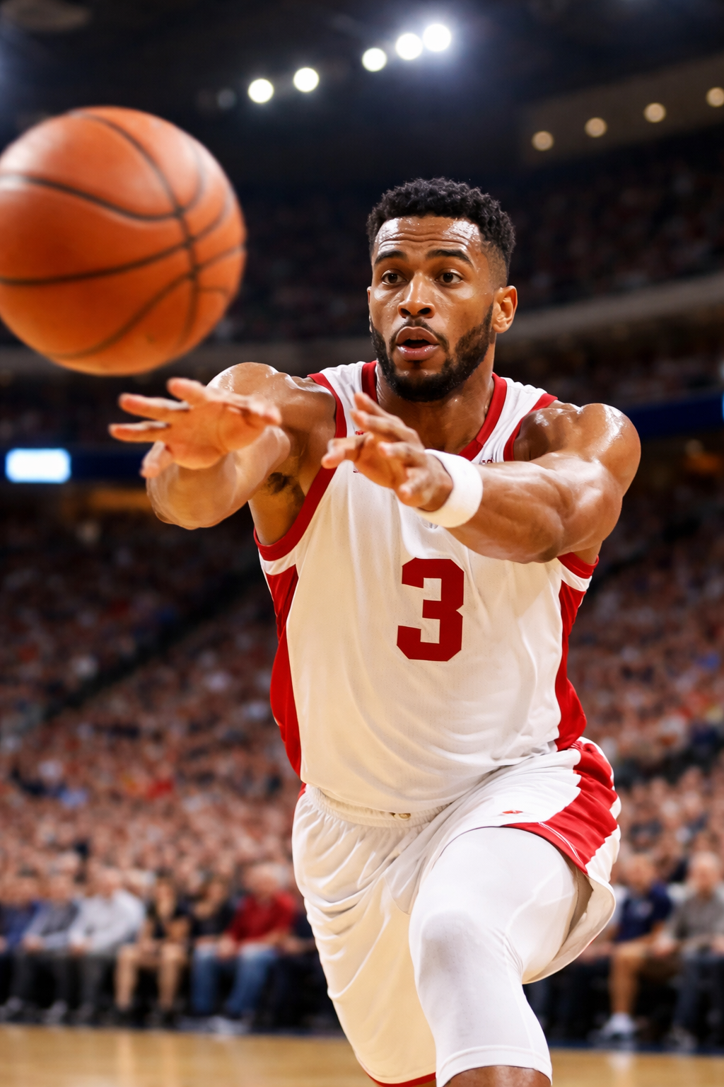 Professional point guard performing a no-look assist pass during a game.