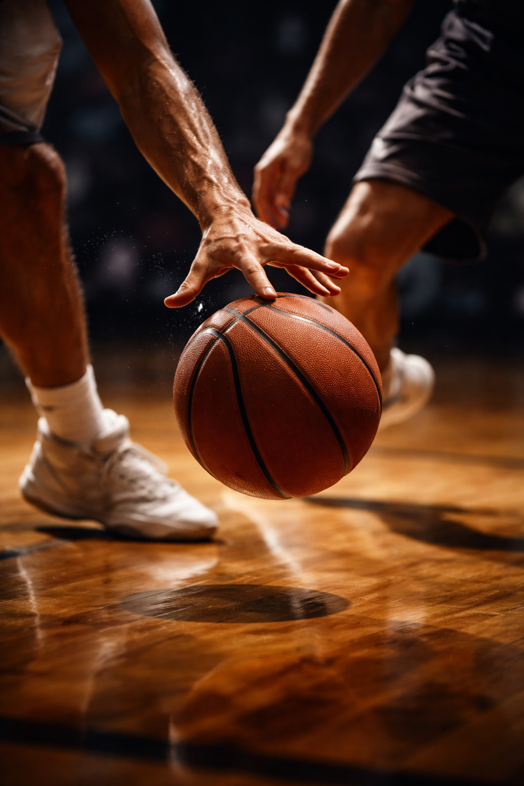 Defender's hand stripping the ball away from a dribbler for a steal.