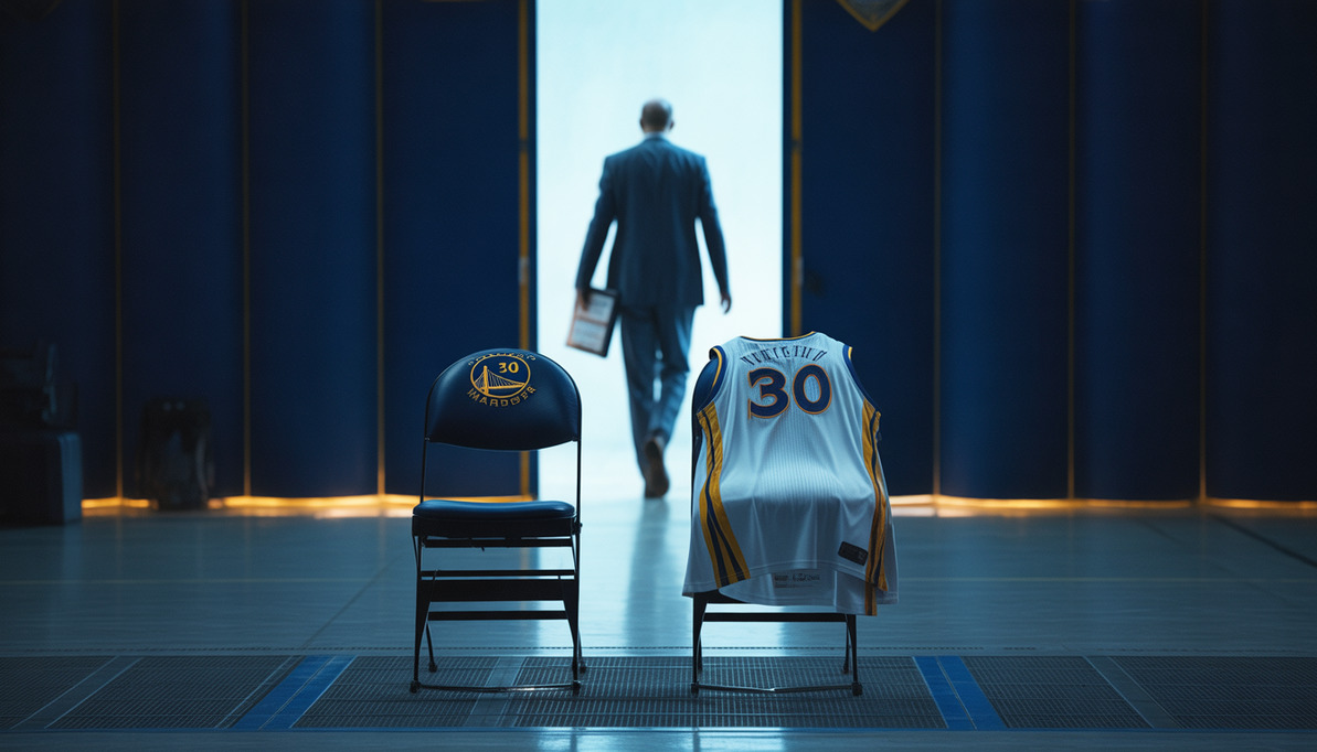 Steve Kerr siluets pametot basketbola arēnu, Golden State Warriors sezonas beigas.