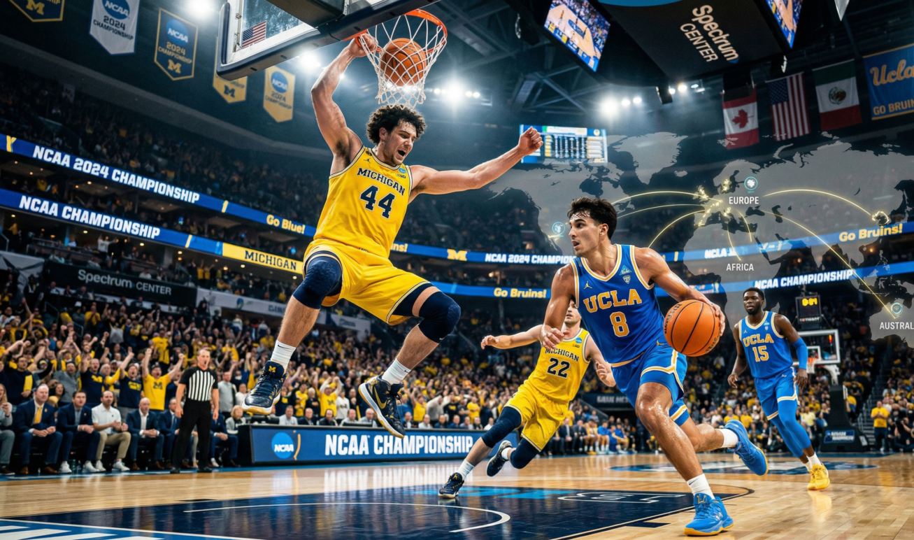 NCAA finālturnīra spēle ar Michigan un UCLA spēlētājiem, izceļot starptautiskos basketbola talantus