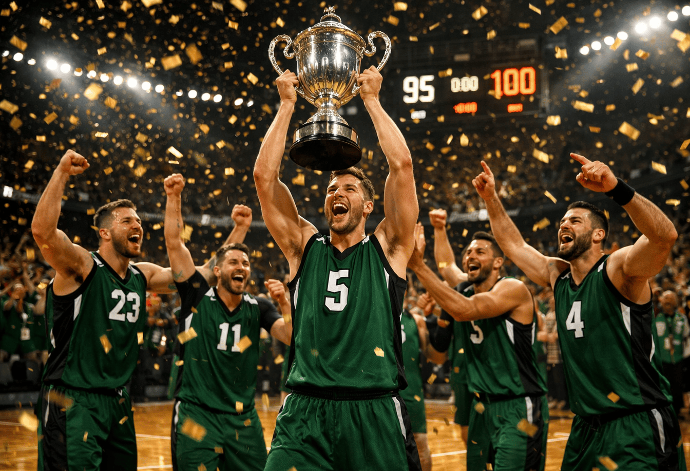 Basketbola komanda zaļos formas tērpos svin uzvaru čempionātā ar kausu un konfeti.