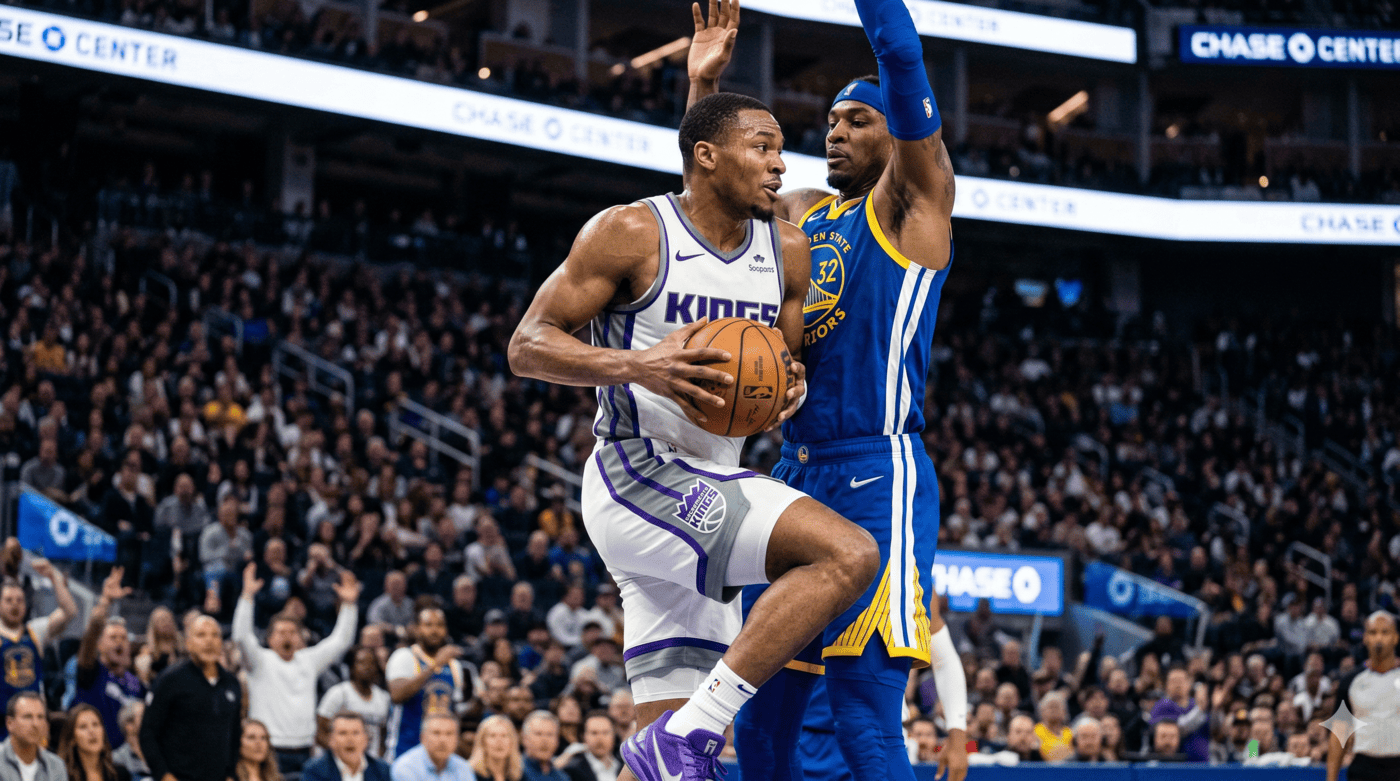 Killian Hayes caurgājienā pret Golden State Warriors aizsardzību.