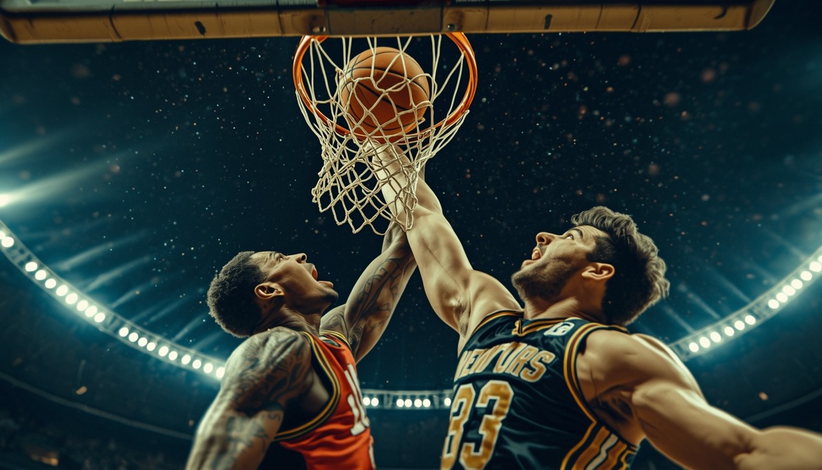 Two players competing for a rebound under the basket during an NBA game.