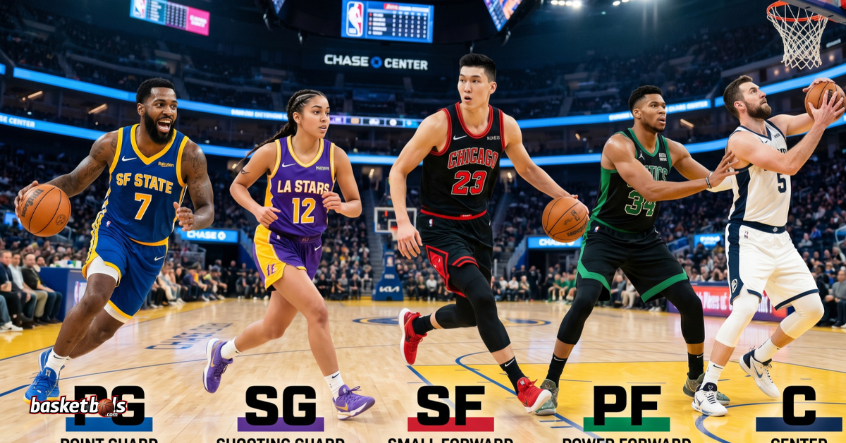 Diagram showing the five standard basketball positions on a court.