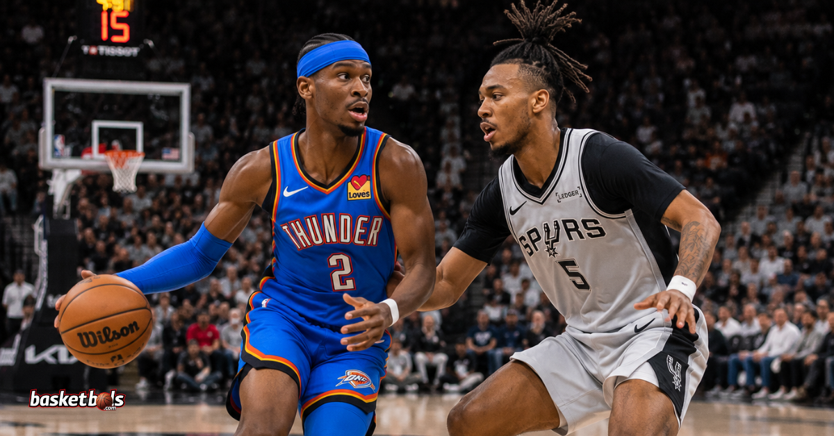 Shai Gilgeous-Alexander kontrolē bumbu spēlē pret San Antonio Spurs