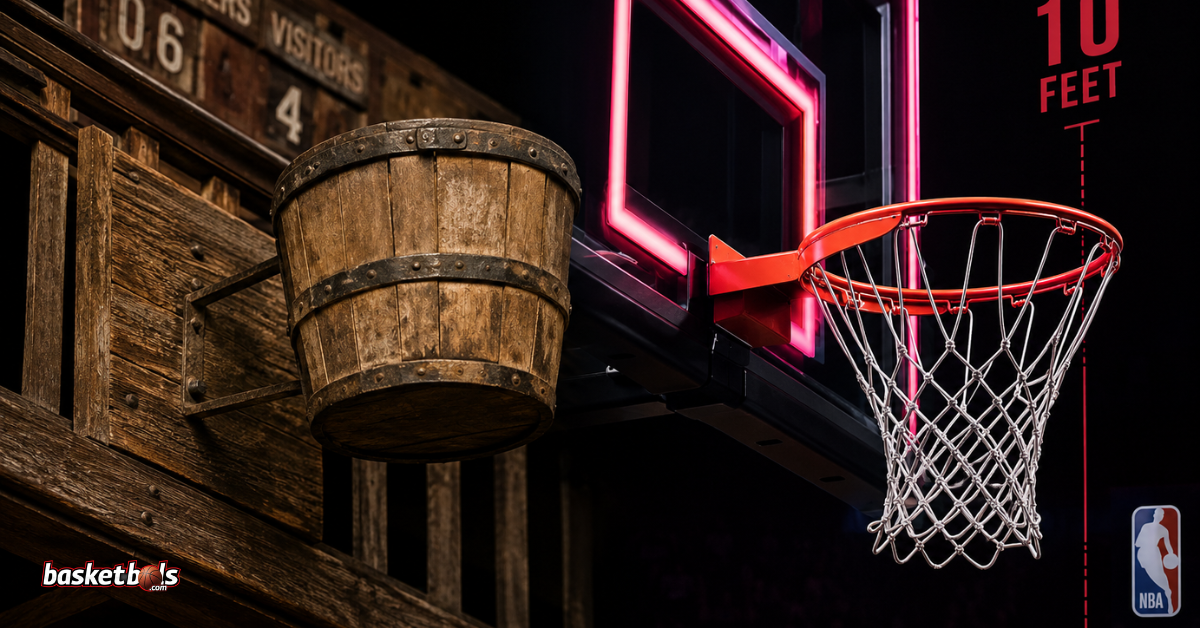 Vēsturiskais persiku grozs un modernais NBA basketbola grozs.